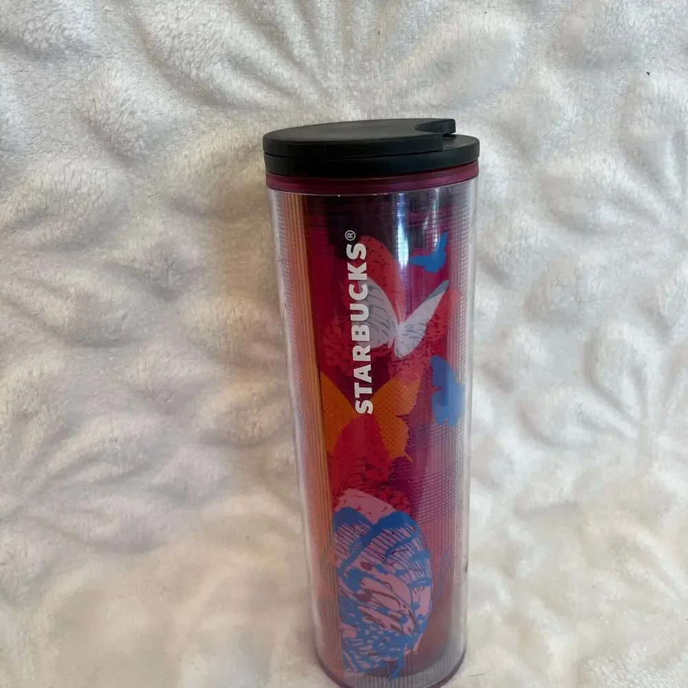 STARBUCKS 16oz tumblers mittens/butterflies slide tops set of 2